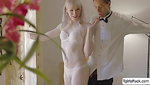 Barebacked blonde in pink lingerie deepthroats and creampie