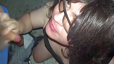 Brunette brunette sucks and swallows cum on the couch