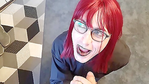 Brunette maid gives a handjob and takes a dick in mouth