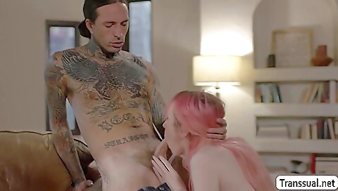 Tall guy fucks a red-haired step-sister on the bed