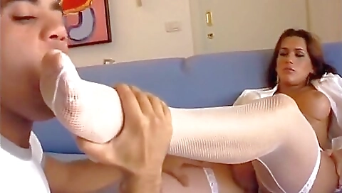Nurse with big tits takes off hospital socks to fuck