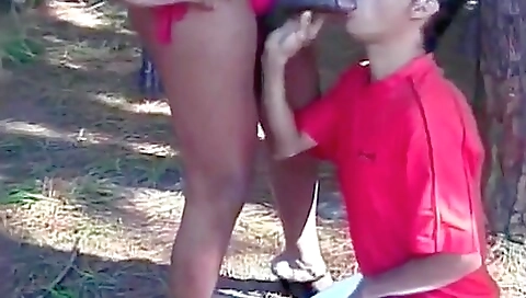 Black teen and ebony mom get deepthroated during outdoor sex