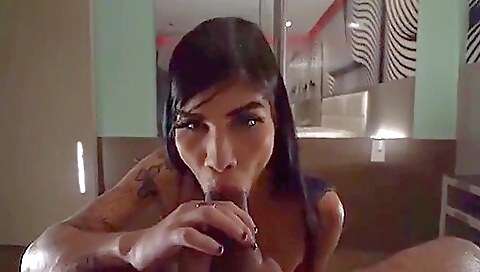 Brunette teen gets deepthroated and her asshole licked by a dick