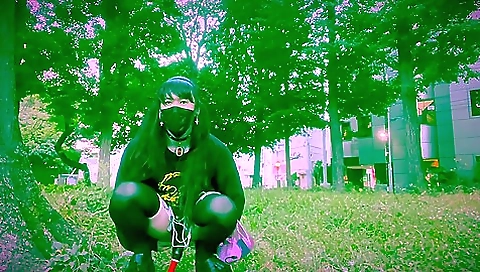 Transsexual babe with small tits plays with a dildo