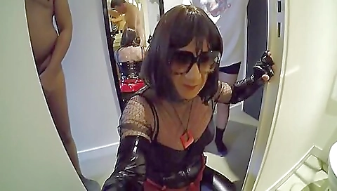 Hot brunette and a skinny tranny in latex stockings