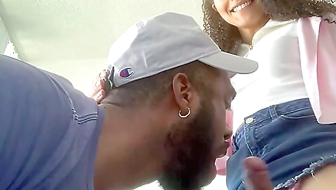 Ebony girl with natural tits enjoys deepthroat sex