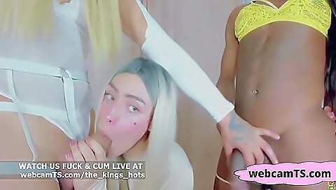 Two ebony babes with a big ass and a blonde slut fuck