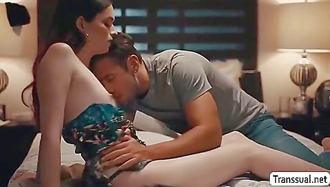 Big tits brunette shemale with a large titty playing with pussy