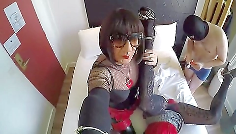 Horny blonde in sexy hotel has threesome with two guys