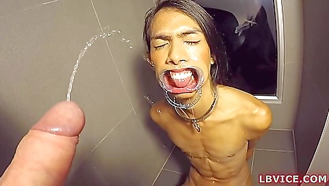 Pissing in a doggy style position on a couch for a ladyboy